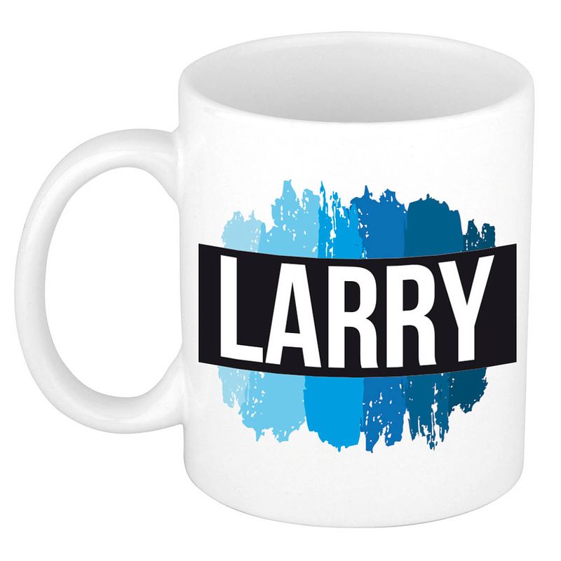 Foto van Naam cadeau mok / beker larry met blauwe verfstrepen 300 ml - naam mokken