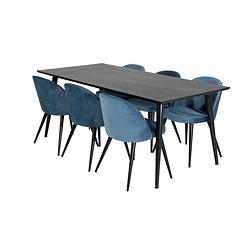 Foto van Dipp180x90blbl eethoek eetkamertafel zwart en 6 velvet eetkamerstal velours blauw, zwart.