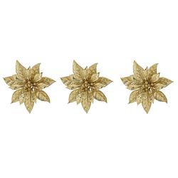 Foto van 3x stuks decoratie bloemen kerstster goud glitter op clip 15 cm - kersthangers