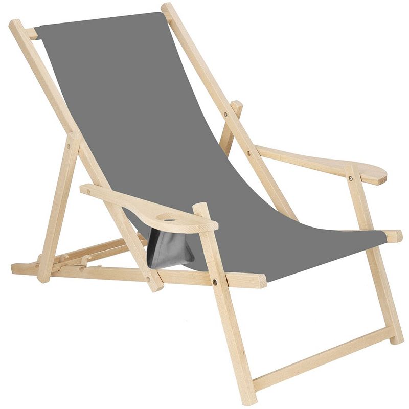 Foto van Ligbed strandstoel ligstoel verstelbaar armleuningen beukenhout handgemaakt grijs