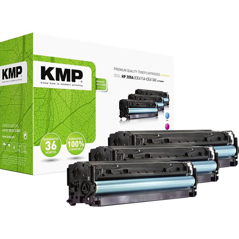 Foto van Kmp h-t196 cmy tonercassette combipack vervangt hp 305a, ce411a, ce412a, ce413a cyaan, magenta, geel 3400 bladzijden compatibel toner multipack