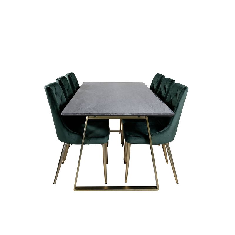 Foto van Estelleblbr eethoek eetkamertafel zwart, marmer en 6 velvet deluxe eetkamerstal velours groente, messing decor.