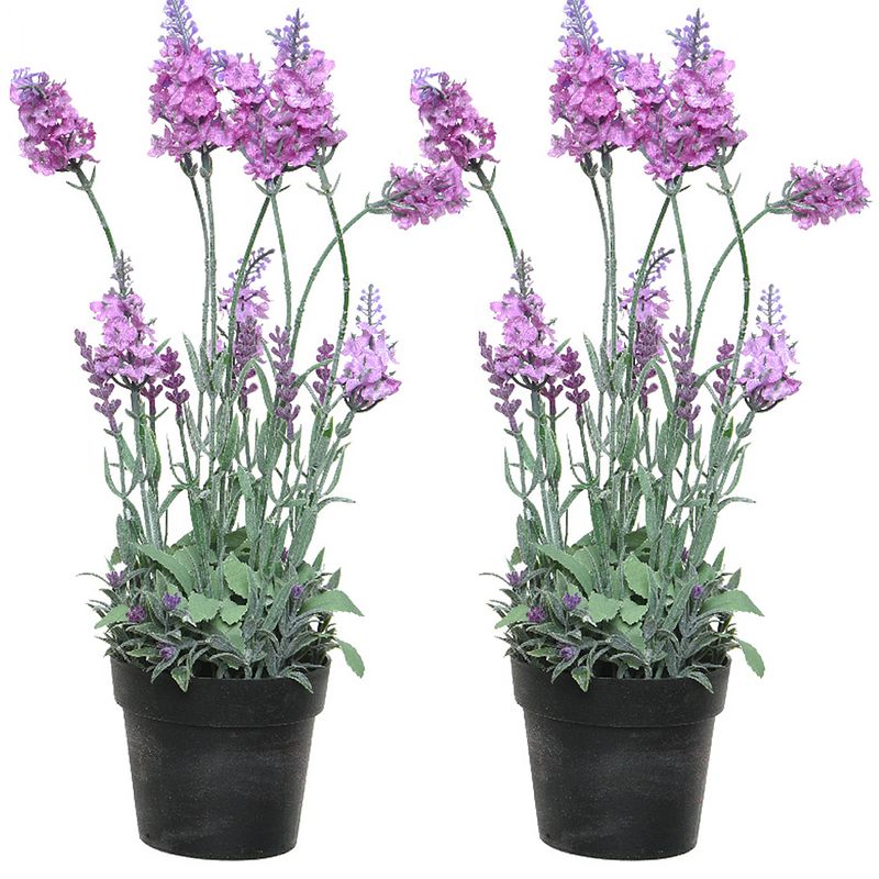 Foto van 2x stuks lavendel kunstplant in pot - roze paars - d18 x h38 cm - kunstplanten