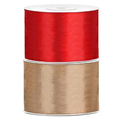 Foto van Bellatio decorations 2x rollen satijn sierlint 5 cm x 25 meter goud en rood - cadeaulinten