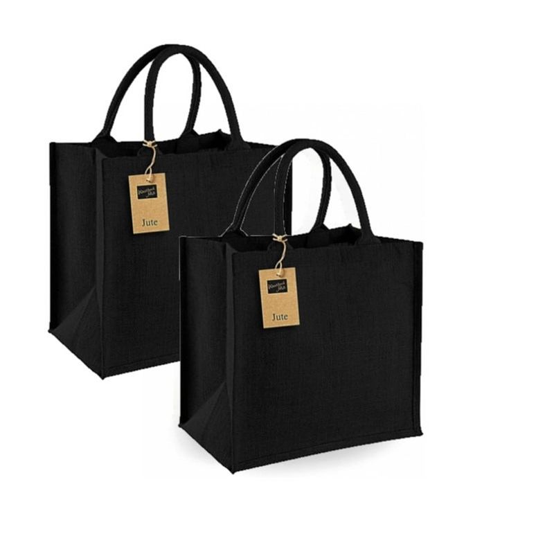 Foto van Set van 2x stuks zwarte jute strandtassen 30 x 30 x 19 cm - shoppers