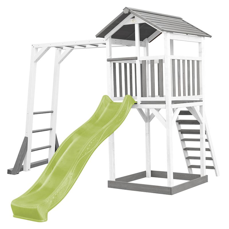 Foto van Axi beach tower speeltoestel van hout in grijs en wit speeltoren met zandbak, klimrek en limoen groene glijbaan