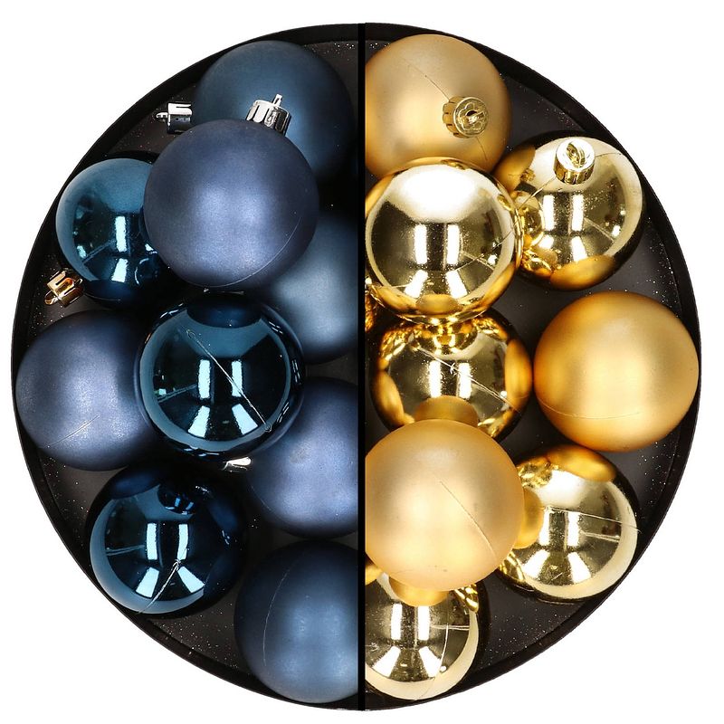 Foto van 24x stuks kunststof kerstballen mix van donkerblauw en goud 6 cm - kerstbal