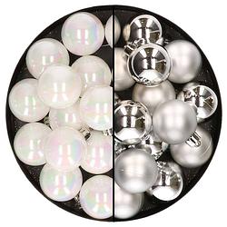 Foto van 32x stuks kunststof kerstballen mix van parelmoer wit en zilver 4 cm - kerstbal