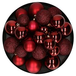 Foto van Kerstballen - 30x - donkerrood - 4, 5, 6 cm - kunststof - mat-glans-glitter - kerstbal