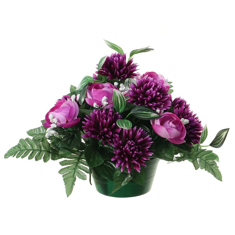 Foto van Louis maes kunstbloemen plantje in pot - kleuren paars - 25 cm - bloemstuk ornament - ranonkels/asters met bladgroen - k