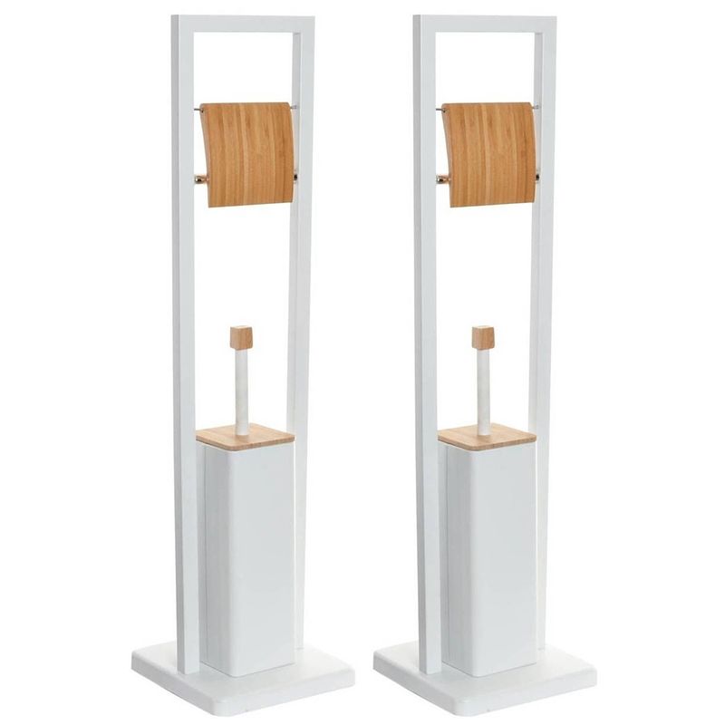 Foto van 2x stuks toiletborstels met toiletrolhouder wit metaal/bamboe 80 cm - toiletborstels