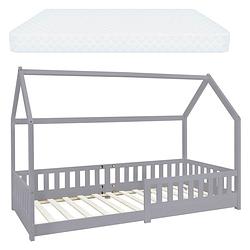 Foto van Kinderbed met uitvalbeveiliging lattenbodem en dak 200x90 cm lichtgrijs grenenhout ml-design