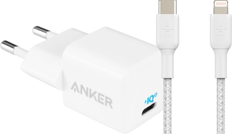 Foto van Anker power delivery oplader 20w + belkin lightning kabel nylon 1m wit