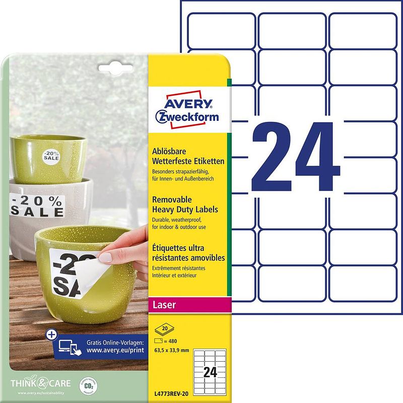 Foto van Avery-zweckform l4773rev-20 etiketten 63.5 x 33.9 mm polyester folie wit 480 stuk(s) weer verwijderbaar adresetiketten, weerbestendige etiketten laser, kopie