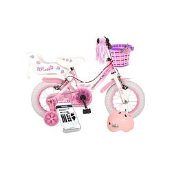 Foto van Volare kinderfiets rose - 12 inch - roze/wit - twee handremmen - inclusief fietshelm + accessoires