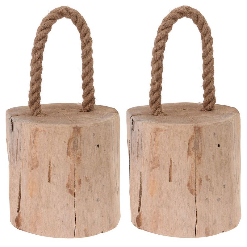 Foto van 2x deurstoppers teak met draagtouw 14 cm - deurstoppers