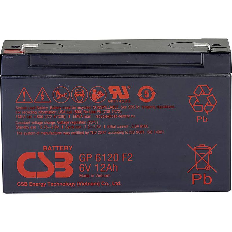 Foto van Csb battery gp 6120 standby usv loodaccu 6 v 12 ah loodvlies (agm) (b x h x d) 151 x 101 x 50 mm kabelschoen 4.8 mm, kabelschoen 6.35 mm onderhoudsvrij,