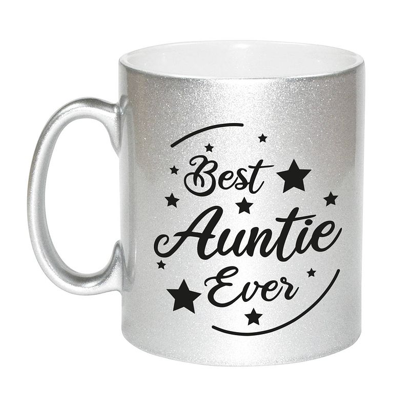 Foto van Zilveren best auntie ever cadeau koffiemok / theebeker 330 ml - feest mokken