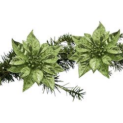 Foto van 2x stuks kerstboom decoratie bloemen groen glitter op clip 18 cm - kunstbloemen