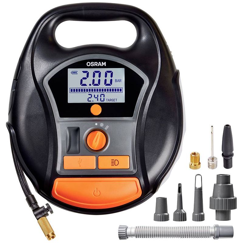 Foto van Osram auto otir6000 compressor 5.5 bar automatische afschakeling, digitaal display, met werklamp, met powerbank-functie, 12- en 230v-laadbaar, opbergbox/tas