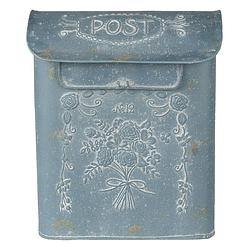 Foto van Haes deco - brievenbus vintage blauw metaal met bloemen en tekst ""post"", formaat 26x11x31 cm