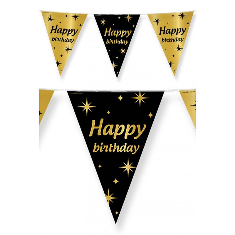 Foto van 3x stuks leeftijd verjaardag feest vlaggetjes happy birthday thema geworden zwart/goud 10 meter - vlaggenlijnen