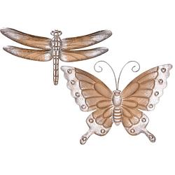 Foto van Set van 2x stuks metalen vlinder en libelle lichtbruin/brons 29 en 49 cm tuindecoratie - tuinbeelden