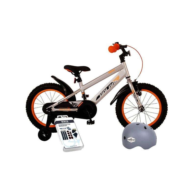 Foto van Volare kinderfiets rocky - 18 inch - grijs - met fietshelm en accessoires