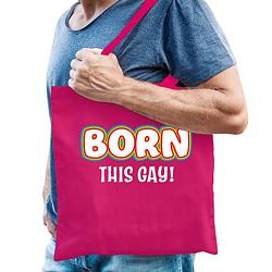 Foto van Bellatio decorations gay pride tas - born this gay - katoen - 42 x 38 cm - fuchsia roze - lhbti - feest boodschappentass