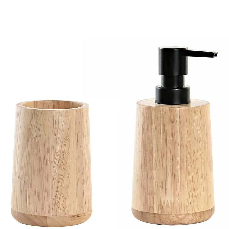 Foto van Badkamer accessoires setje drinkbeker en zeeppompje 16 cm bamboe/zwart - zeeppompjes