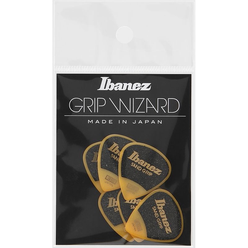 Foto van Ibanez ppa16msgye grip wizard sand grip plectrumset 6-pack medium geel