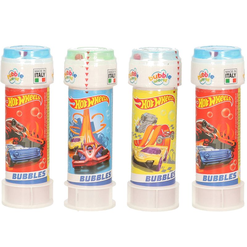Foto van 4x hot wheels race autos bellenblaas flesjes met bal spelletje in dop 60 ml voor kinderen - bellenblaas