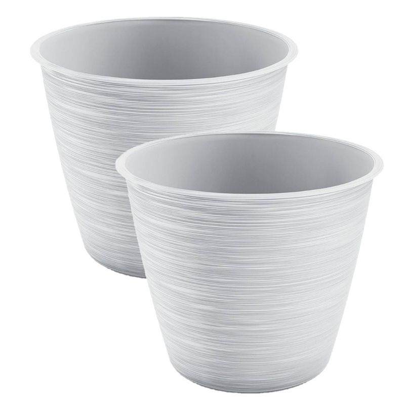 Foto van 2x stuks stijlvolle kunststof plantenpot/bloempot dia 20 cm/hoogte 17 cm paintstripe wit - plantenpotten