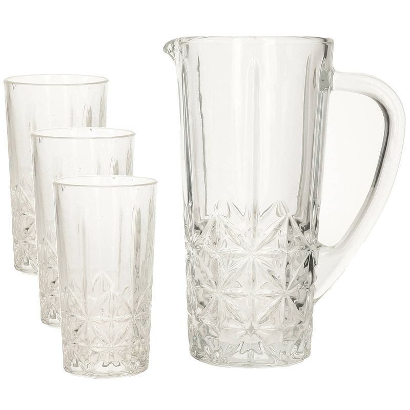 Foto van Glazen schenkkan/karaf 1liter 25 x 16 cm met 6 drinkglazen van 250 ml - drinkglazen