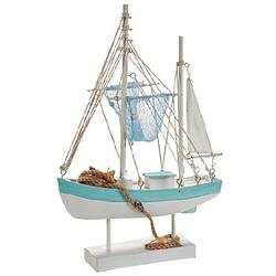 Foto van Giftdecor decoratiebeeld vissersboot 42 cm hout turquoise/wit