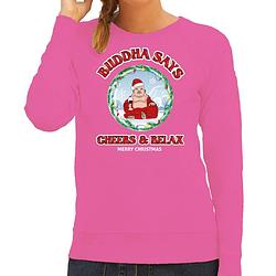 Foto van Bellatio decorations foute kersttrui/sweater voor dames - buddha says cheers & relax - roze - wijn s - kerst truien