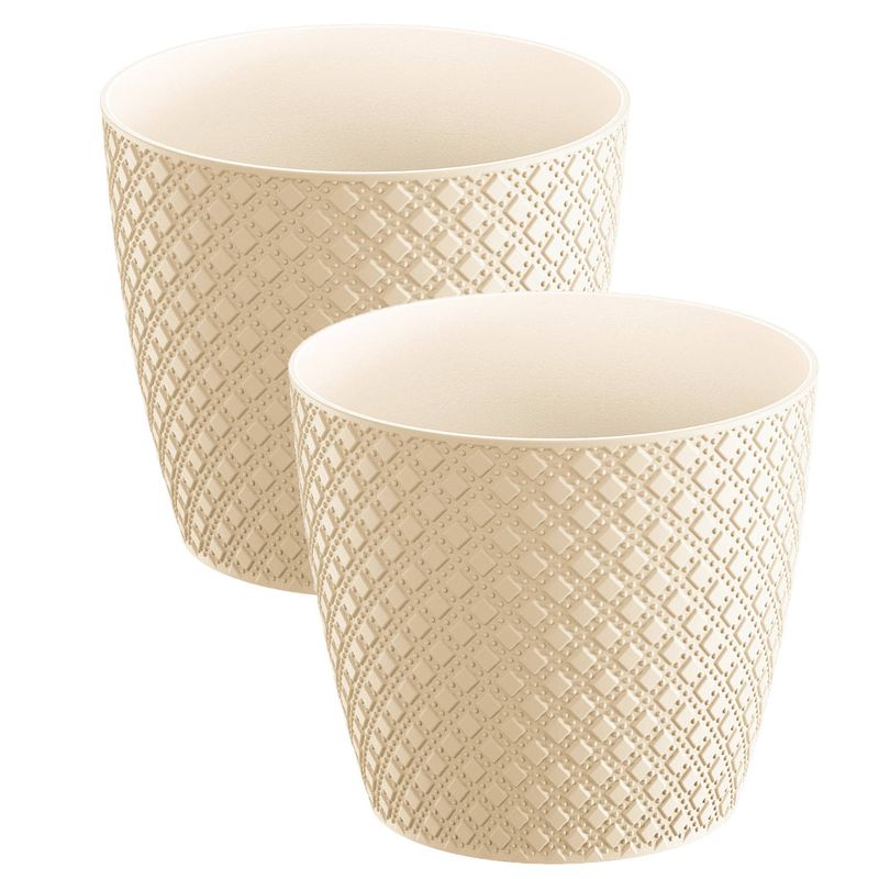 Foto van 2x stuks orient stijl plantenpot/bloempot kunststof dia 22 cm en hoogte 19 cm creme wit - plantenpotten