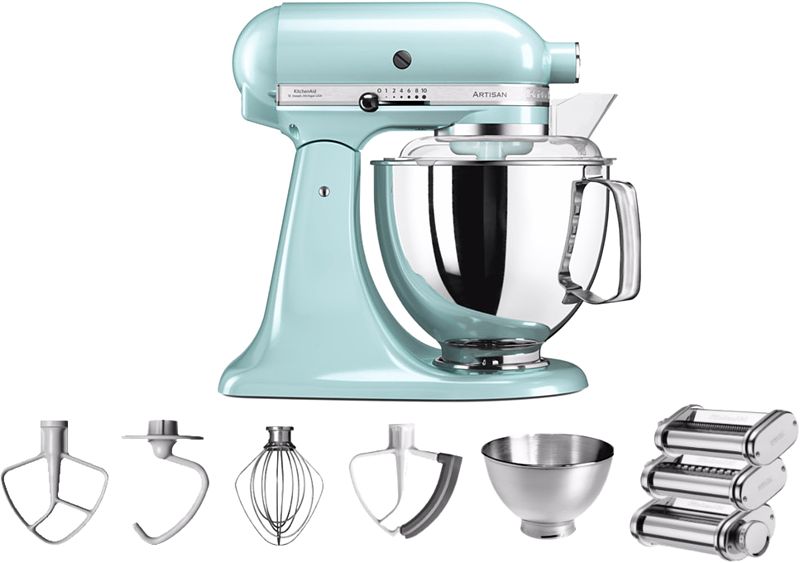 Foto van Kitchenaid artisan mixer 5ksm175ps ijsblauw + pastarollerset