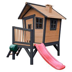 Foto van Axi robin speelhuis op palen & rode glijbaan speelhuisje voor de tuin / buiten in antraciet & wit van fsc hout