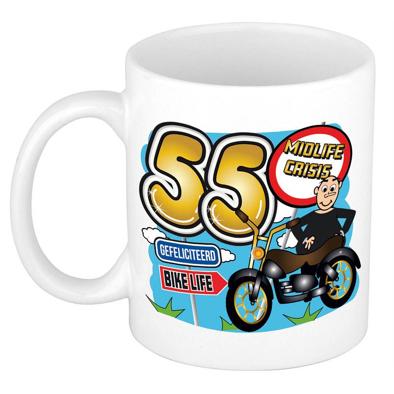 Foto van Cadeau mok 55 jaar - midlife crisis - bike life - keramiek - 300 ml - feest mokken