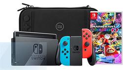 Foto van Nintendo switch rood/blauw + mario kart 8 deluxe + screenprotector + beschermhoes