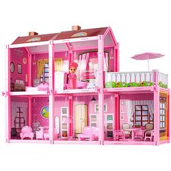 Foto van Poppenhuis villa met 2 verdiepingen inclusief accessoires en pop roze 60 x 17 x 44 cm