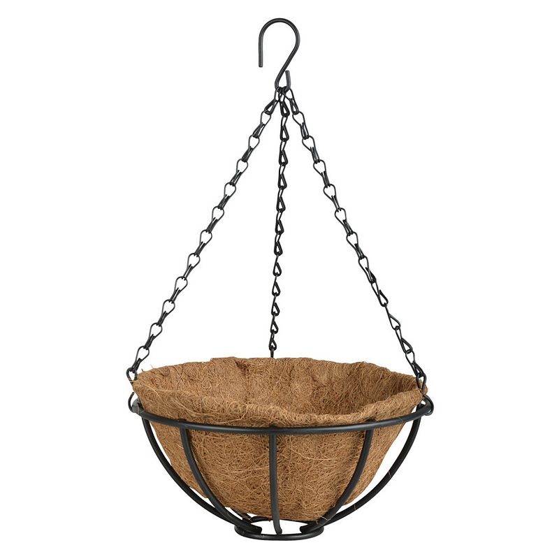 Foto van Metalen hanging basket / plantenbak zwart met ketting 25 cm - hangende bloemen - plantenbakken