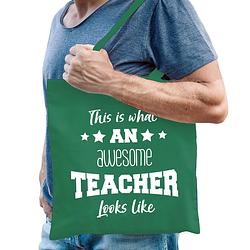 Foto van Bellatio decorations cadeau tas meester - katoen - groen -this is what an awesome teacher looks like - feest boodschappe