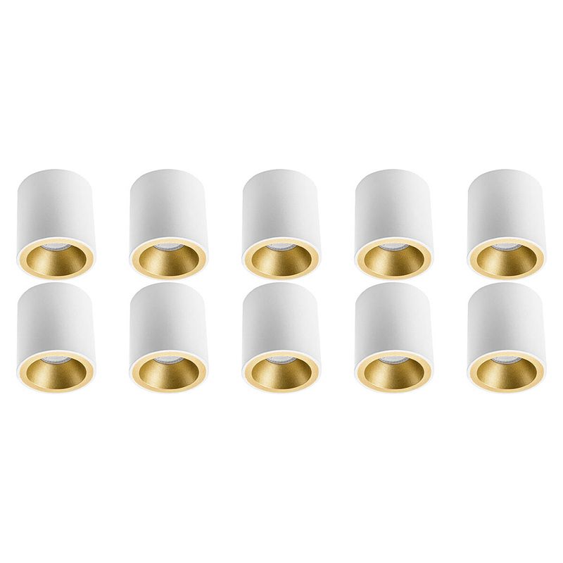 Foto van Opbouwspot 10 pack - pragmi cliron pro - gu10 fitting - opbouw rond - mat wit/goud - aluminium - verdiept - ø90mm