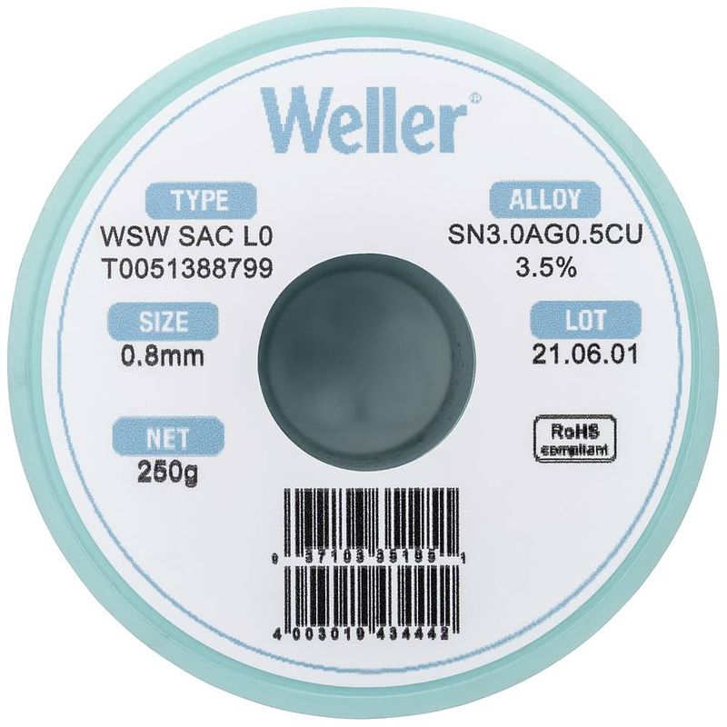 Foto van Weller wsw sac l0 soldeertin, loodvrij spoel sn3,0ag0,5cu 250 g 0.8 mm