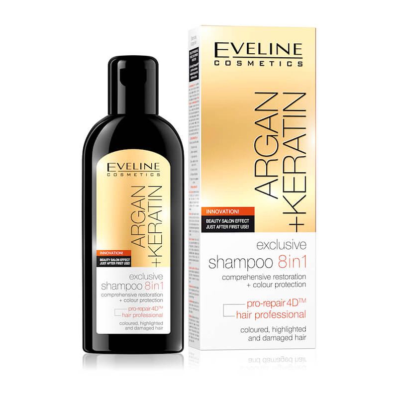 Foto van Eveline cosmetics argan + keratin exclusive shampoo 8in1 - 150ml.