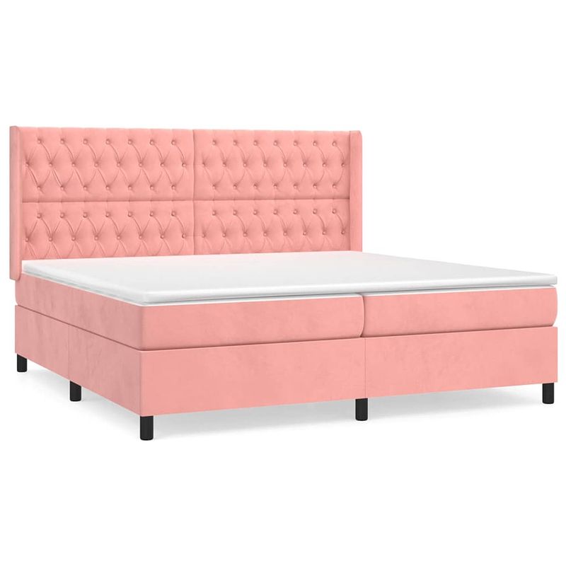 Foto van The living store boxspringbed - roze fluweel - 203 x 203 x 118/128 cm - pocketvering matras - middelharde ondersteuning