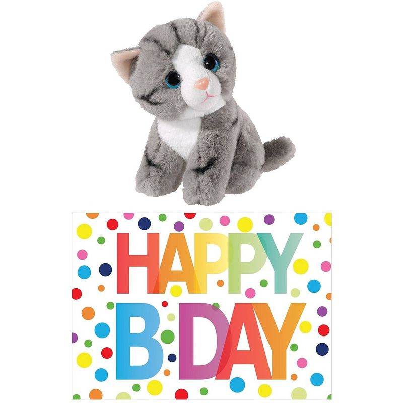 Foto van Cadeau setje pluche grijze kat/poes knuffel 14 cm met happy birthday wenskaart - knuffel huisdieren