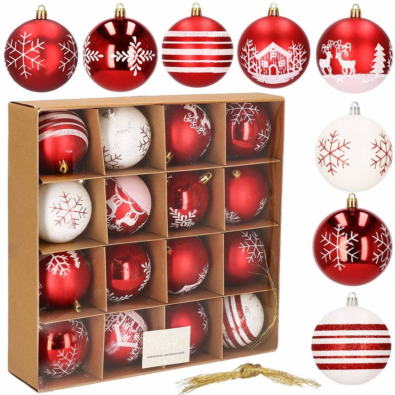 Foto van Kerstballen 16 stuks 8 cm rood/wit